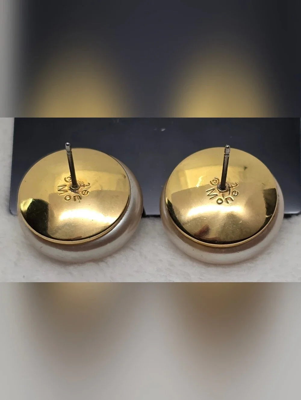 Vintage MONET Gold Tone Faux Pearl Button Post Pierced Earrings 5/8